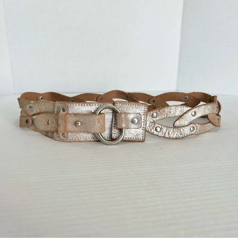 Metallic Distressed Leather Link O-Ring Braided Grommet Belt L Boho Y2K Festival